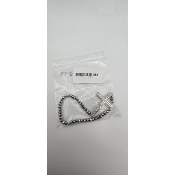 Women's Dark Silver Tone Rhinestone Cross Pendant Wrap Style Stretchy Bracelet - Picture 2 of 5